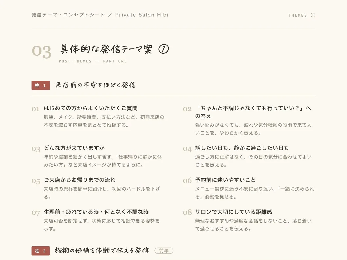 Private Salon Hibi様向け 発信テーマ・コンセプトシート の誌面